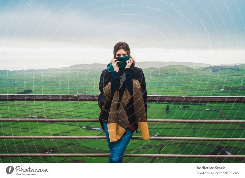 Woman on terrace with amazing panoramic view Terrace Panorama (Format) Field Style Nature Cold Environment Landscape Fog Agriculture Horizon agricultural Stand