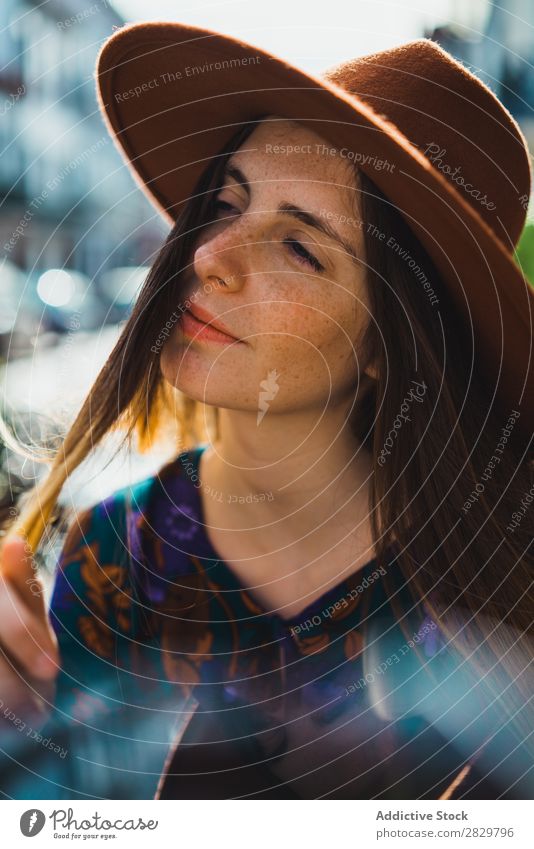 Sensual young woman in hat Woman pretty Style Street Hat To enjoy Exterior shot Fashion Beautiful Youth (Young adults) Portrait photograph Attractive City