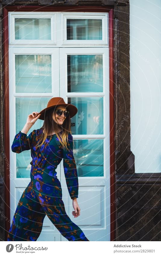 Cheerful stylish woman in hat Woman pretty Style Street Hat Walking Sunglasses Door Looking back Exterior shot Fashion Beautiful Youth (Young adults)