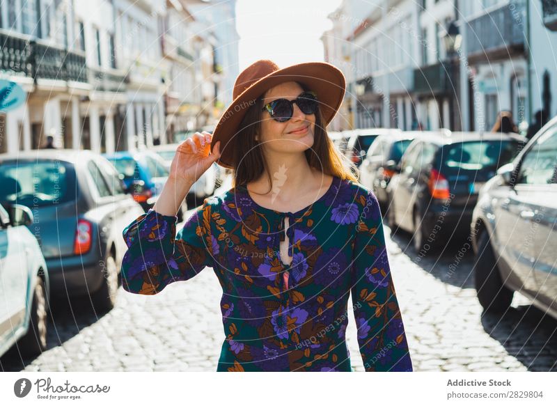 Cheerful stylish woman in hat Woman pretty Style Street Hat Walking Sunglasses Door Exterior shot Fashion Beautiful Youth (Young adults) Portrait photograph