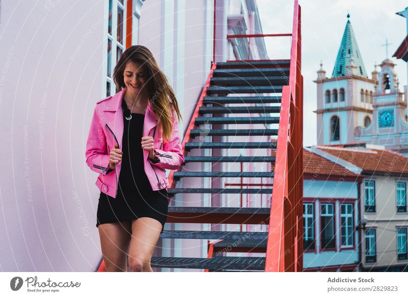 Young woman posing on stairs on street Woman pretty Style Posture Steps Stairs Happy Street Exterior shot Fashion Beautiful Youth (Young adults)