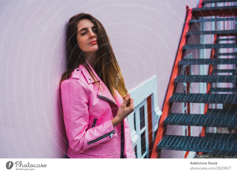 Young woman posing on stairs on street Woman pretty Style Posture Steps Stairs Happy Street Exterior shot Fashion Beautiful Youth (Young adults)