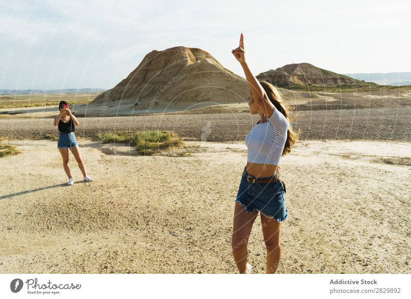 Woman taking shots of friend Posture Nature pretty Hands up! Smiling Cheerful Happy Youth (Young adults) Beautiful Natural Beauty Photography