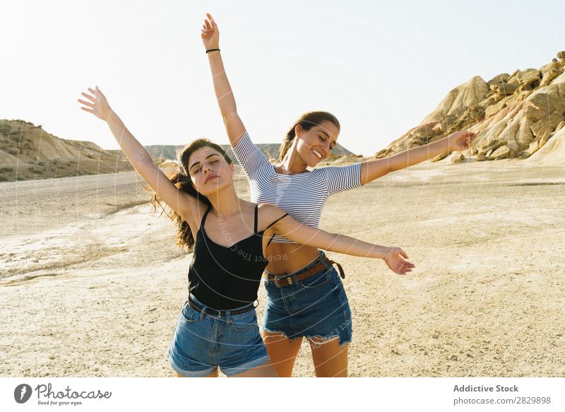 Women posing in sandy hills Woman Posture Nature pretty eyes closed Hands up! Smiling Cheerful Happy Youth (Young adults) Beautiful Natural Beauty Photography