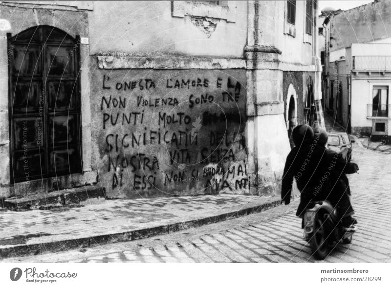 Moped in Sicily Scooter Wall (building) piaggio Street Old grafity Black & white photo