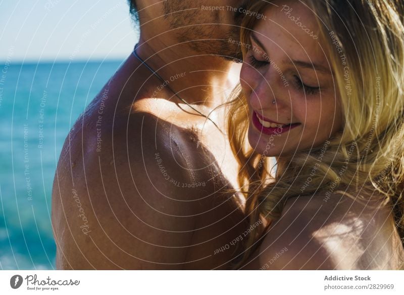 Loving couple posing on beach Couple Beach Love Honeymoon Summer Paradise Exotic romantic Ocean Embrace Tropical Beauty Photography enjoyment Sun