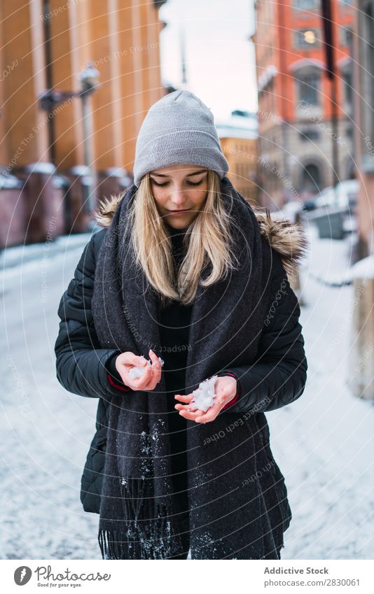 Woman holding snow Style Street Hand Snow Hold fashionable To enjoy Youth (Young adults) pretty Winter Cold Cool (slang) Fashion warm clothes City Model