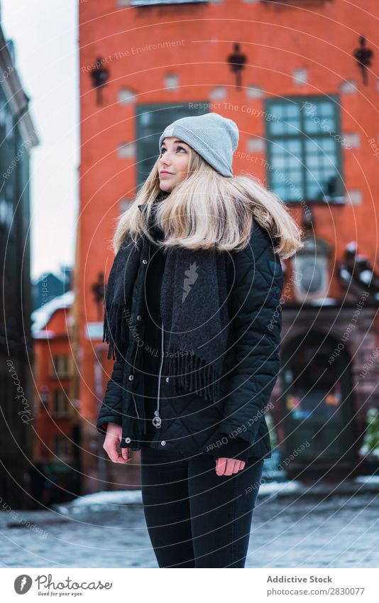 Pretty woman on street in winter Woman Style Street fashionable Youth (Young adults) To enjoy pretty Snow Winter Cold Cool (slang) Fashion Blonde City Model
