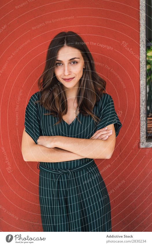Cheerful pretty young woman Woman Smiling Formal Business Happy Youth (Young adults) Beautiful Successful Human being Portrait photograph Striped Self-confident