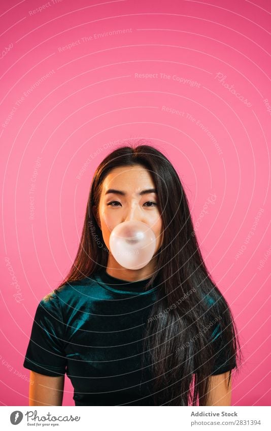 Asian woman blowing gum bubble Woman pretty Portrait photograph Youth (Young adults) Beautiful asian Gum Chew Bubble Blow Adults Posture Smiling