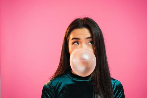 Asian woman blowing gum bubble Woman pretty Portrait photograph Youth (Young adults) Beautiful asian Gum Chew Bubble Blow Adults Posture Smiling