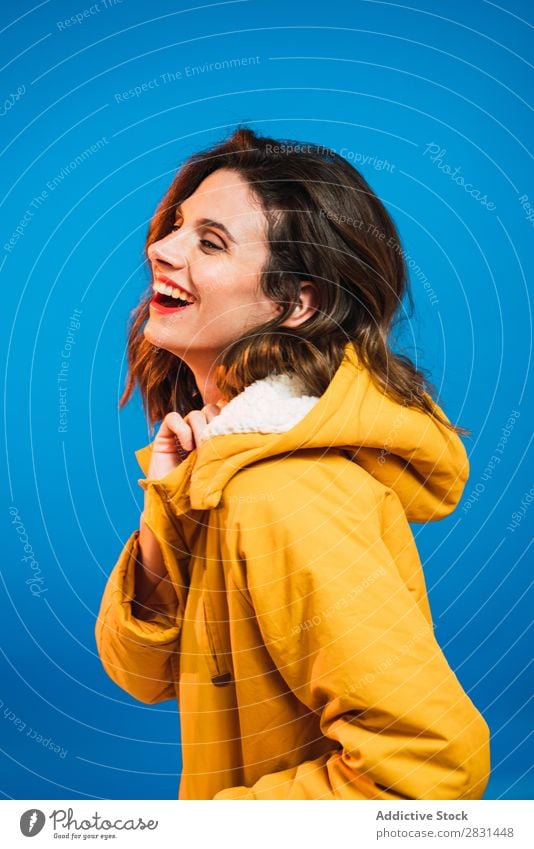 Cheerful woman in yellow jacket Woman pretty Portrait photograph Youth (Young adults) Jacket Smiling Beautiful Adults Posture Beauty Photography Attractive