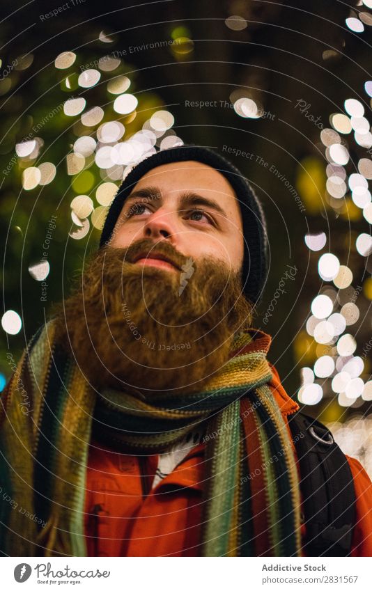 Handsome man posing at lights Man handsome City Smiling Cheerful Illumination Beard Hat Street Youth (Young adults) Town Lifestyle Easygoing Fashion Style