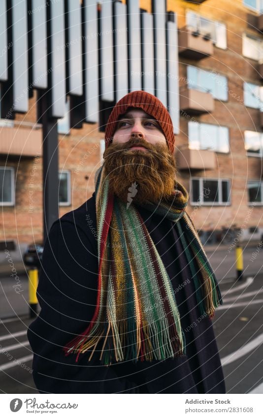 Cheerful bearded man on street Man handsome Smiling Beard City Street Youth (Young adults) Town Lifestyle Easygoing Fashion Style Adults Modern Human being