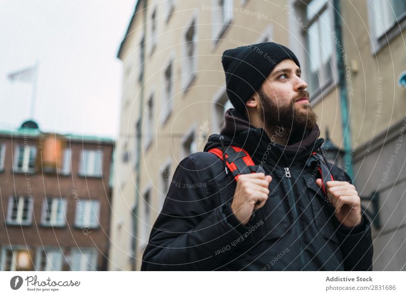 Backpacker in the city Man handsome City Street Walking Beard Sightseeing Youth (Young adults) Town Lifestyle Easygoing Fashion Style Adults Modern Human being