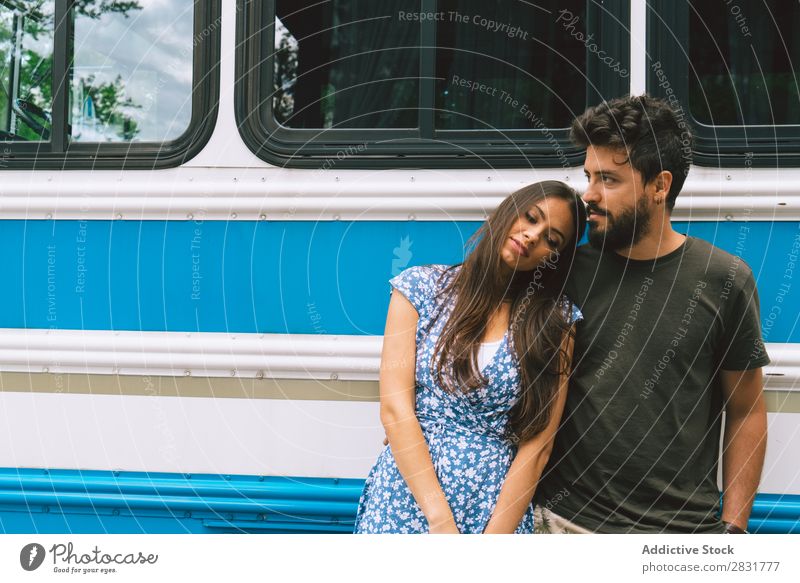 Couple standing at bus Stand Together Bus Vehicle Love Human being Woman Man Happy Portrait photograph Easygoing 2 Youth (Young adults) Relationship