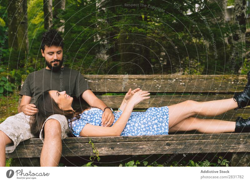 Couple relaxing at bench Sit Relaxation Bench Human being Nature Vacation & Travel Love Summer Happy 2 Man Woman romantic Lifestyle Romance Beautiful