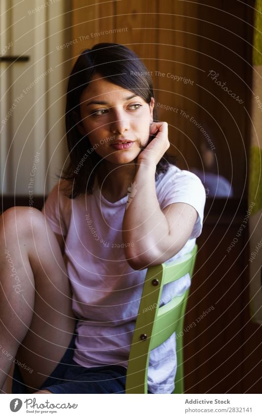 Young brunette sitting on chair Woman Morning Delicate Portrait photograph Dream Pensive Beauty Photography Chair Leisure and hobbies Serene Relaxation Innocent