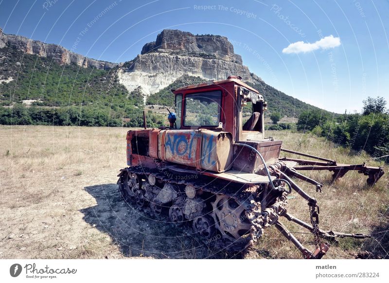 trekking experience Landscape Sky Sun Summer Beautiful weather Bushes Field Forest Mountain Deserted Tractor Blue Brown Green Red Parking Rock crawler tractor