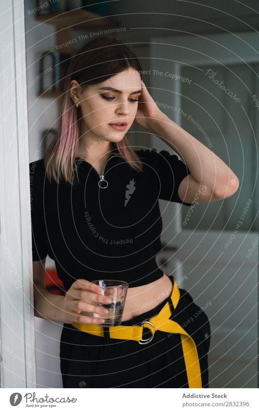 Woman with glass at doorway pretty Home Youth (Young adults) Stand Glass Water To enjoy Attractive Posture Portrait photograph Beautiful Lifestyle