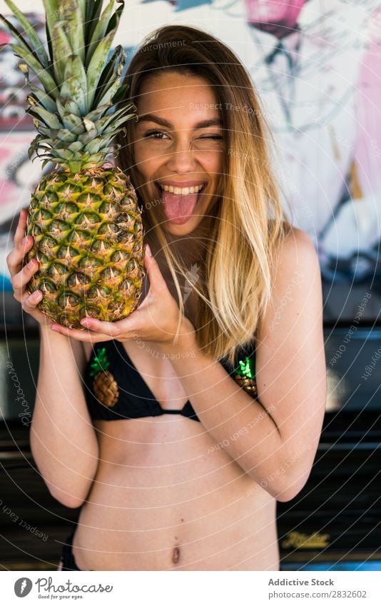Lovely young woman posing with pineapple Woman Pineapple Swimsuit Vacation & Travel Summer Relaxation Youth (Young adults) Tropical Fruit Holiday season Fresh