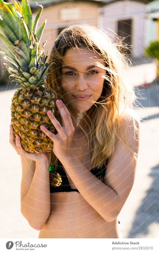Lovely young woman posing with pineapple Woman Pineapple Swimsuit Vacation & Travel Summer Relaxation Youth (Young adults) Tropical Fruit Holiday season Fresh