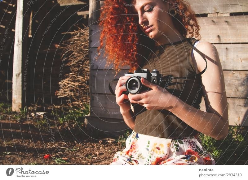 Young redhead photographer woman Leisure and hobbies Vacation & Travel Trip Summer Work and employment Profession Camera Human being Feminine Young woman