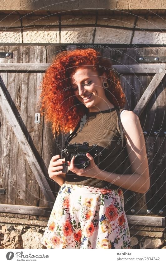 Young redhead photographer woman Lifestyle Style Joy Leisure and hobbies Vacation & Travel Tourism Trip Summer Work and employment Profession Camera Human being