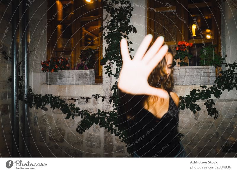 Woman hiding from camera Loneliness Attractive Beautiful Beauty Photography Bright Charming City Cool (slang) Copy Space covering face Desire Elegant Evening