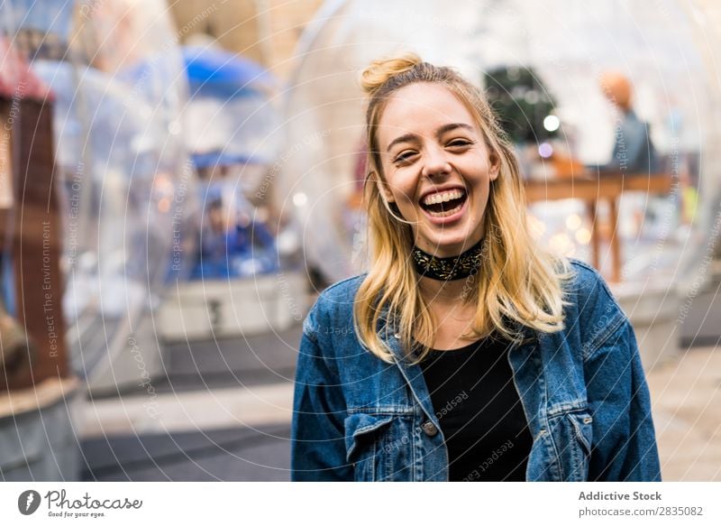 Laughing woman in the street Laughter Youth (Young adults) Woman Beautiful Beauty Photography Looking into the camera Copy Space Portrait photograph Human being