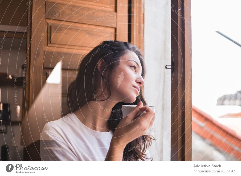Thoughtful woman with a cup Woman Cup Window Pensive Dream Considerate Looking Mug Drinking Beautiful Youth (Young adults) Beauty Photography Girl Tea Coffee