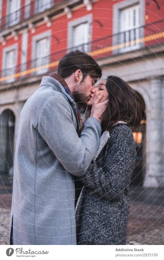 Young lovely couple kissing Couple Kissing eyes closed Embrace Madrid Spain playa mayor Human being Cheerful Joy Youth (Young adults) Woman Man Love