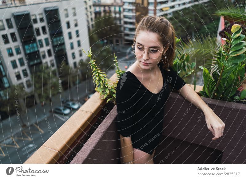 Young model on terrace Woman Posture Terrace Cheerful Self-confident To enjoy Relaxation Leisure and hobbies Freedom Summer Fresh Action Calm recreational