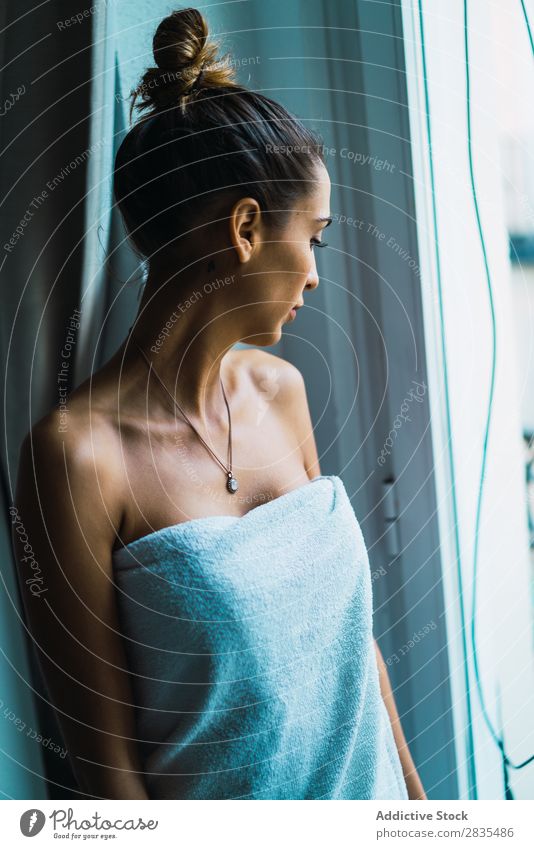 Woman in towel at window pretty Home Youth (Young adults) Towel Window Stand To enjoy Posture Portrait photograph Beautiful Lifestyle Beauty Photography