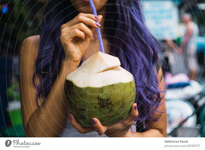 Asian woman drinking from coconut Woman pretty Street Youth (Young adults) Beautiful Portrait photograph Coconut Drinking Straw Hair Purple asian eastern