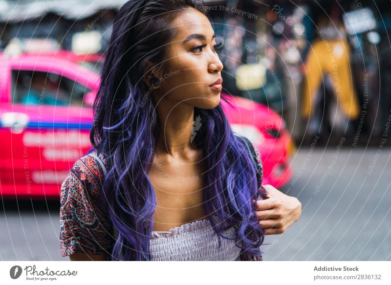 Pretty Asian woman on street Woman pretty Street Youth (Young adults) Beautiful Portrait photograph Hair Purple asian eastern Fashion Attractive City