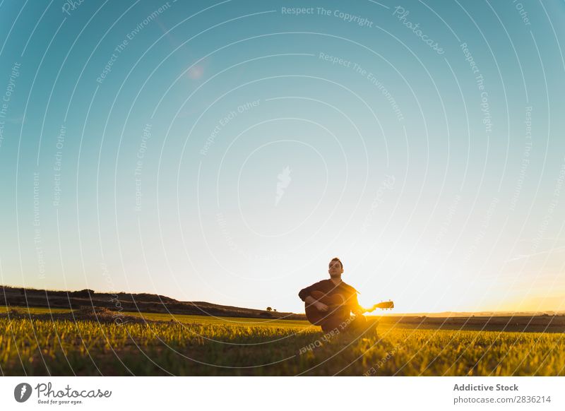 Man with guitar on field Guitar Nature Music Lifestyle Musician Easygoing Guitarist Acoustic Field Green Walking Musical Human being Guy Natural instrument