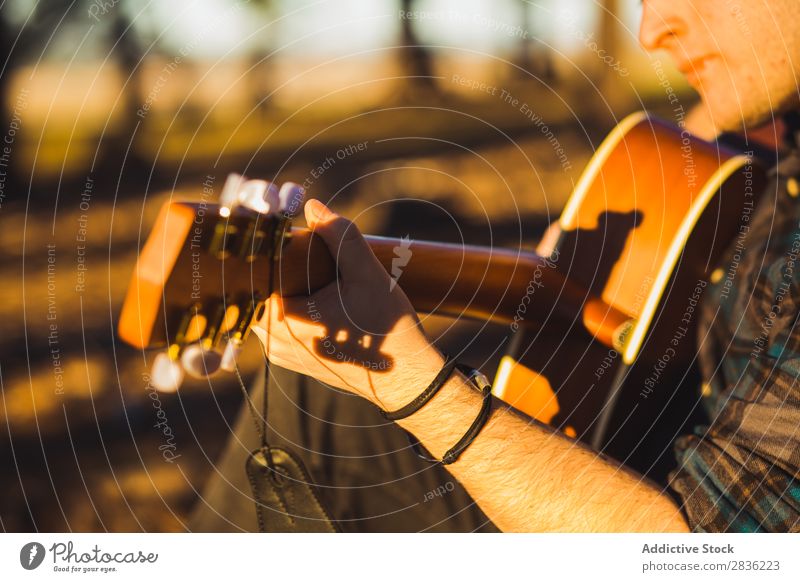 Man playing guitar in nature Guitar Nature Music Forest Sunbeam Day Lean Sit Trunk Lifestyle Musician Easygoing Guitarist Acoustic Autumn Musical Human being