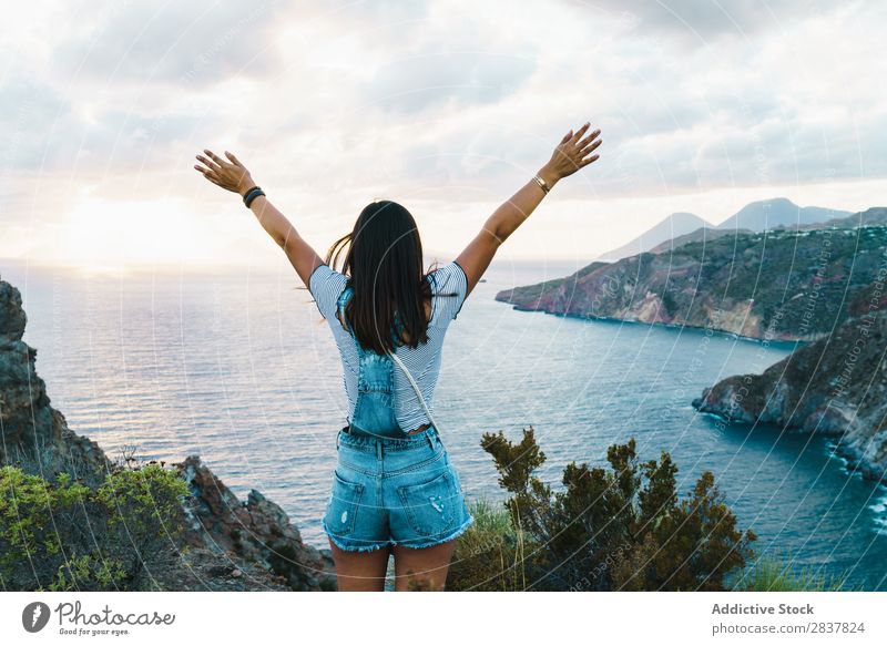 Woman posing happily on nature Posture Nature Freedom Dream Landscape Style hands apart Relaxation Harmonious Meditation Happiness Energy Vacation & Travel