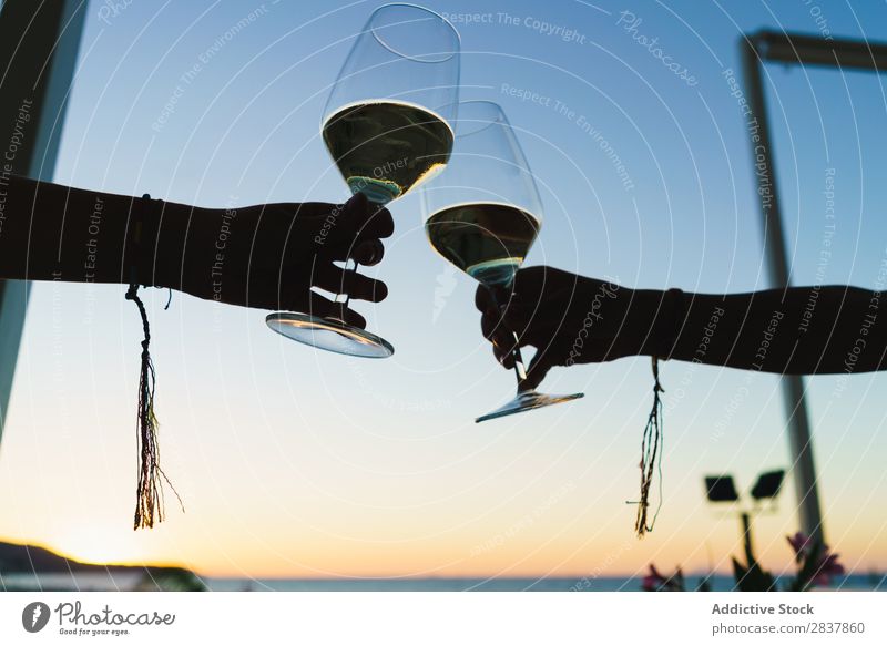 Crop people clinking wineglasses Human being Wine glass Congratulations Party Vacation & Travel Feasts & Celebrations Twilight Toast gathering Silhouette
