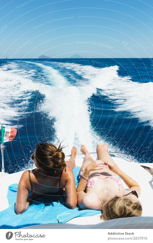 Women relaxing on boat Woman Summer having fun Sailboat Yacht Sailing Homosexual Relaxation Couple Ocean Youth (Young adults) Vacation & Travel Vessel