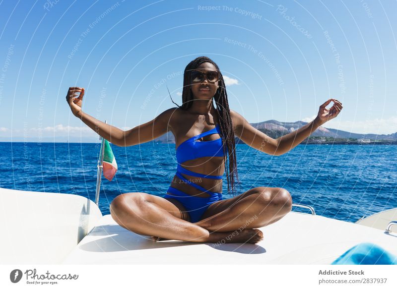 Stylish girl posing on yacht Woman Yacht Posture Summer Vacation & Travel Model Laughter Beautiful Self-confident Contentment Cruise Ocean Cheerful Feminine