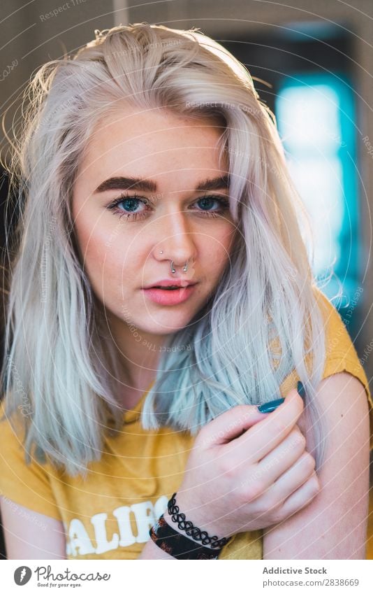 Blonde woman with nose piercing Woman pretty Home Youth (Young adults) Portrait photograph To enjoy Piercing Nose Looking into the camera Beautiful Lifestyle