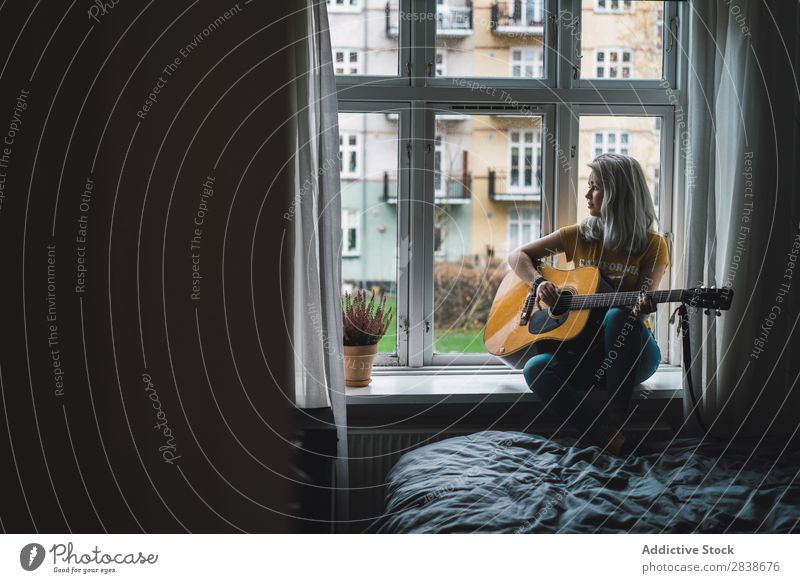 Musician sitting at window Woman pretty Home Youth (Young adults) Guitar Inspiration Playing Blonde Beautiful Lifestyle Beauty Photography Attractive