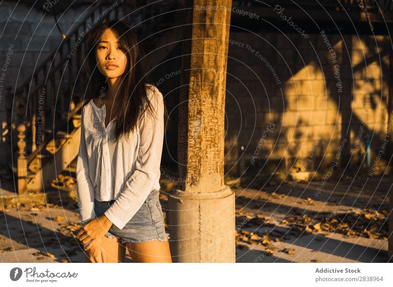 Asian woman leaning at column Woman pretty asian Youth (Young adults) Hair Brunette Joy Wood House (Residential Structure) Sunbeam Beautiful Portrait photograph