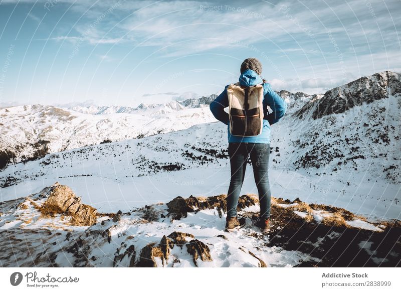 Tourist with backpack in mountains Human being Backpack Street Winter Hill Mountain Snow Landscape Nature White Ice Seasons Cold Vacation & Travel way Frost