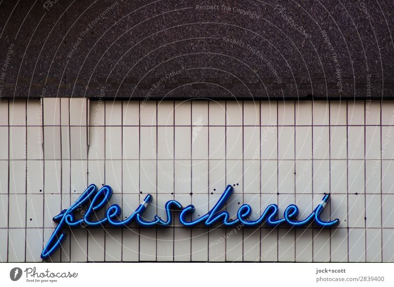meat-free Trade Butcher Wall (building) Facade Decoration Characters Esthetic Retro Blue Design Nostalgia Style Tradition Curved Typography Ravages of time Tile