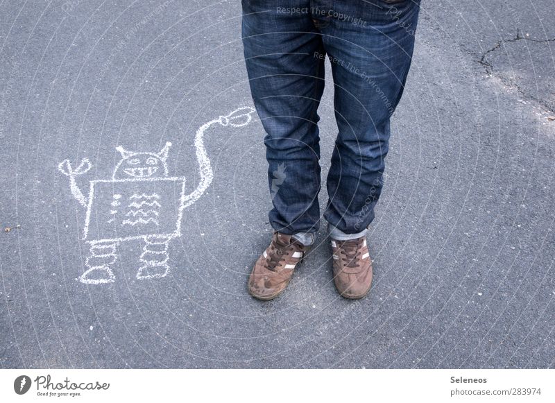 do you want to be my friend? Technology Human being Legs Feet 1 Street Jeans Footwear Sneakers Robot Chalk Concrete Sharp-edged Friendliness Small Friendship