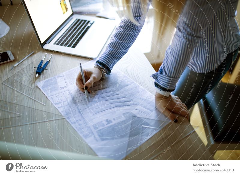 Young architect working at home drawing plans Home Woman Architect Work and employment Drawing Plan Office Notebook Business Desk Businesswoman Easygoing