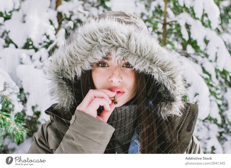 A beautiful woman in the snow Adults Attractive Beautiful Brunette Cheerful Cold Dark Day Emotions Woman Girl Vacation & Travel Horizontal Landscape Nature